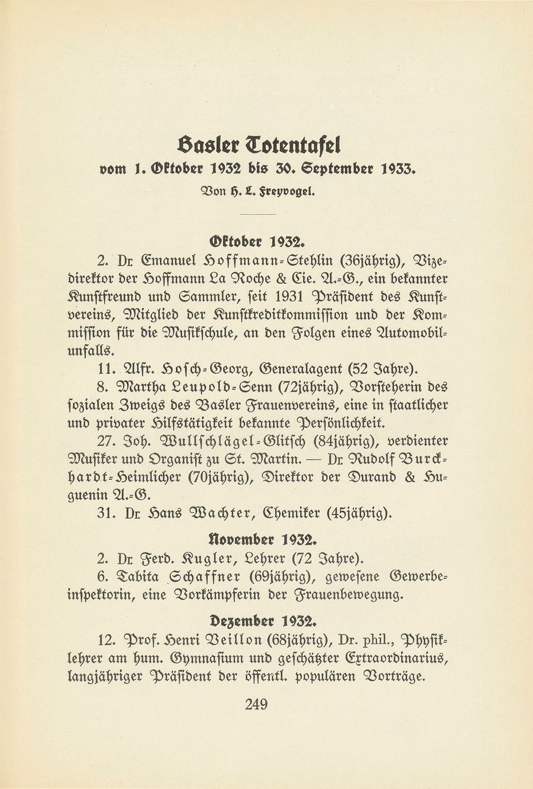 Basler Totentafel vom 1. Oktober 1932 bis 31. September 1933 – Seite 1