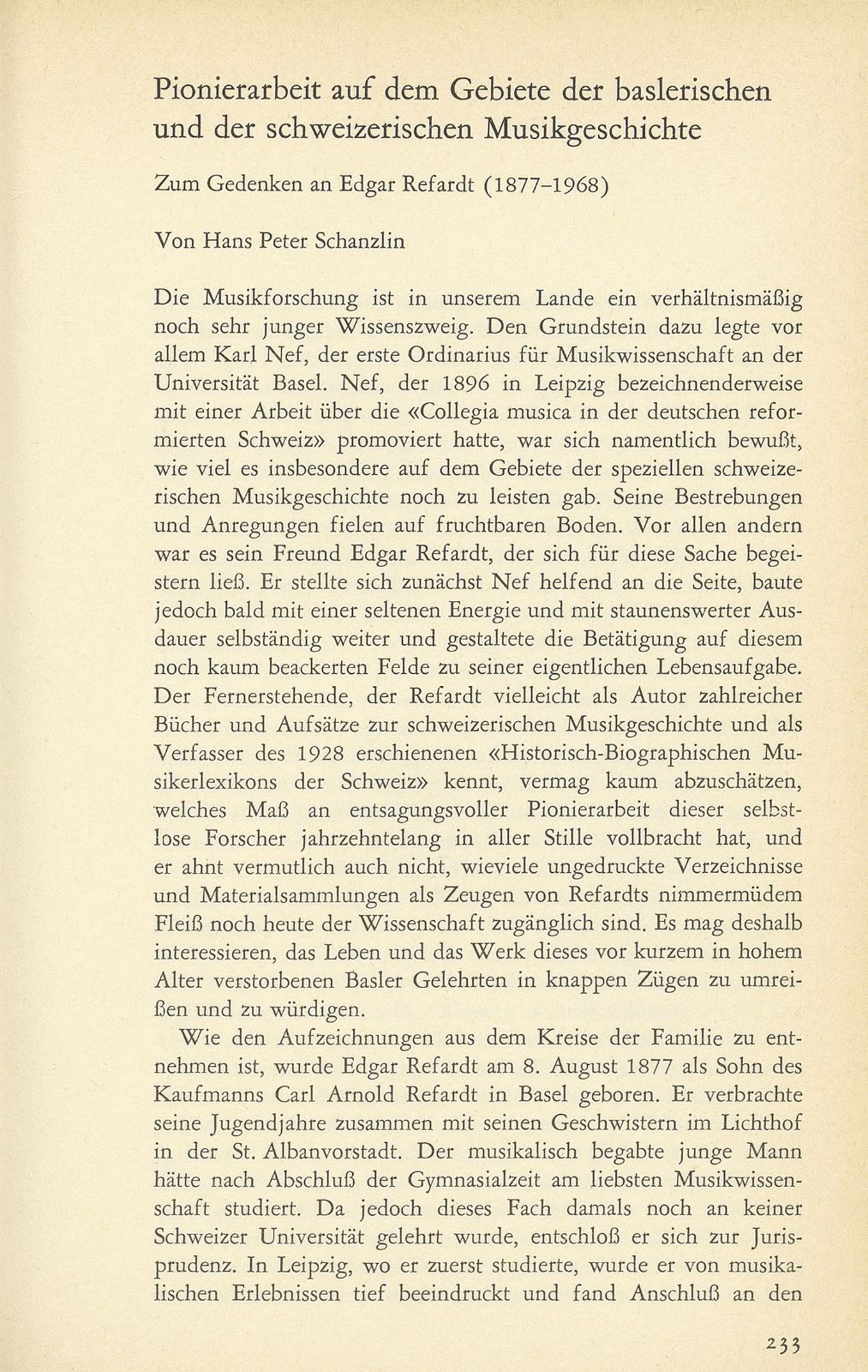 Pionierarbeit auf dem Gebiete der baslerischen und der schweizerischen Musikgeschichte – Seite 1