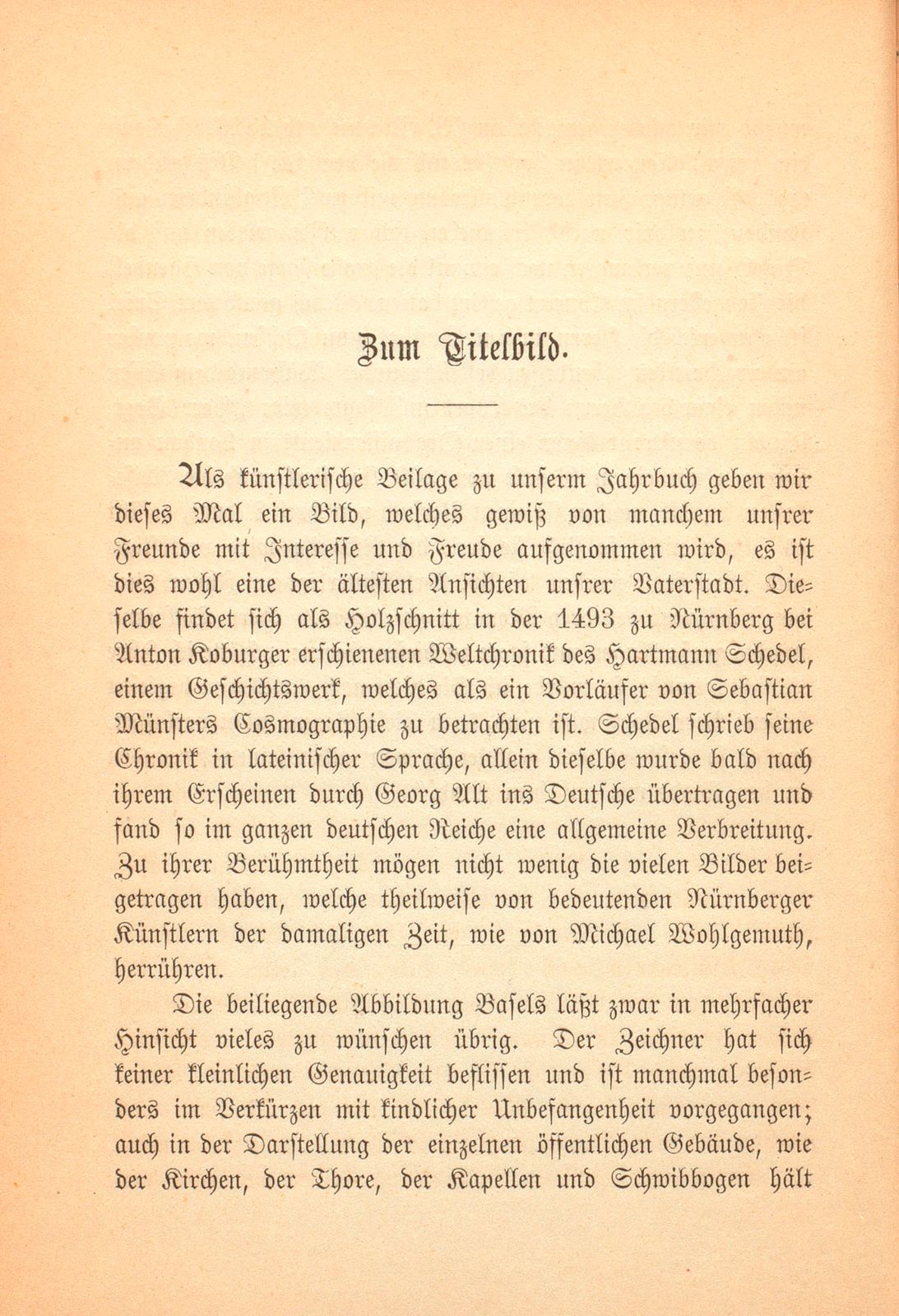 Zum Titelbild [Holzschnitt zu Basels Stadtbild in der Weltchronik des Hartmann Schedel (1493)] – Seite 1