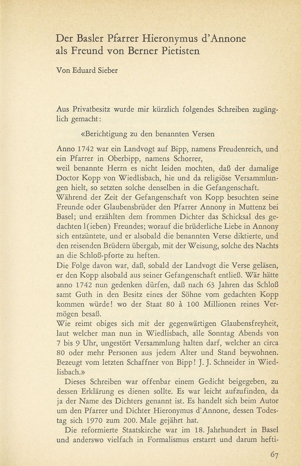 Der Basler Pfarrer Hieronymus d'Annone als Freund von Berner Pietisten – Seite 1