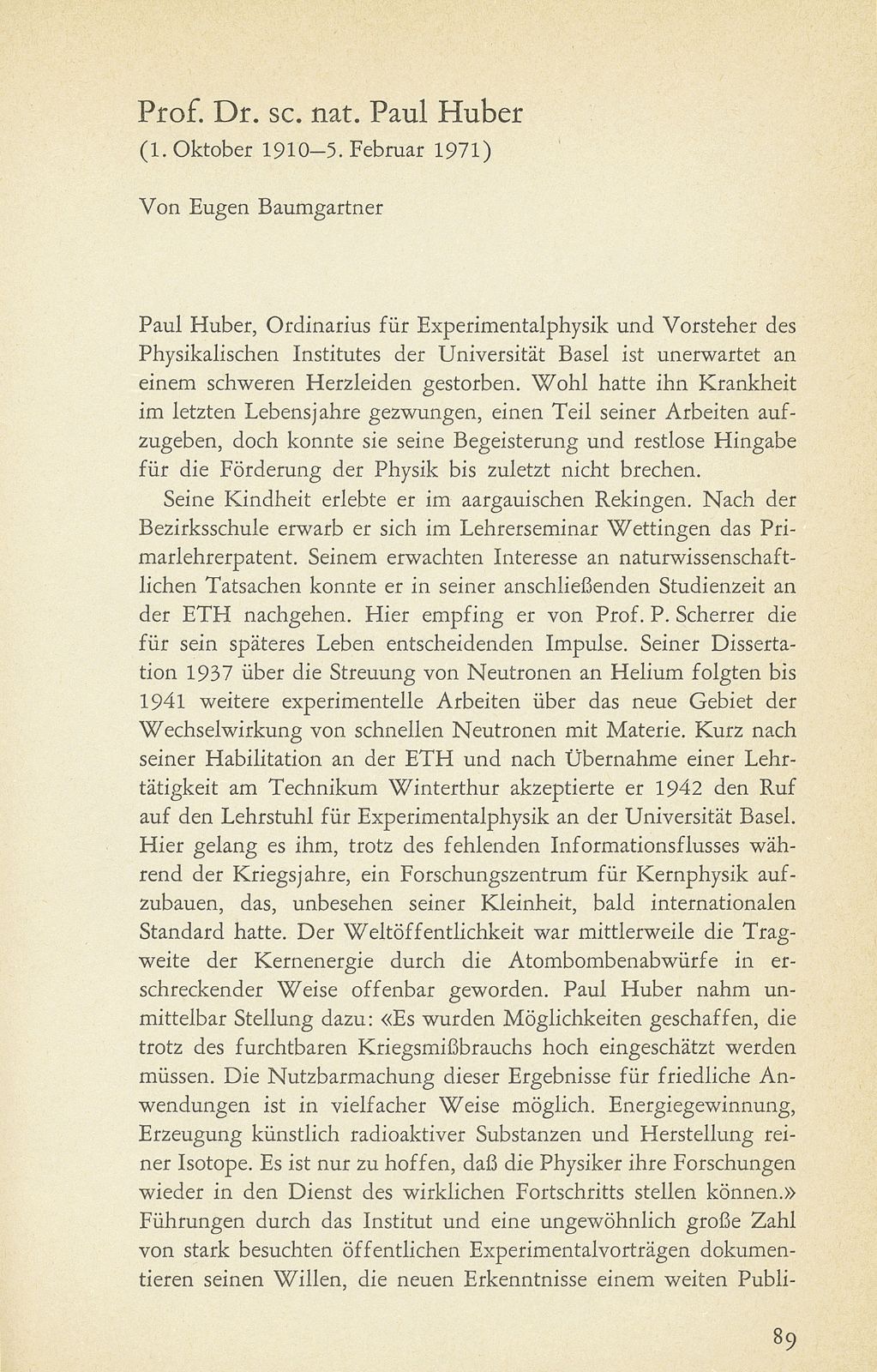 Prof. Dr. sc. nat. Paul Huber (1. Oktober 1910 bis 5. Februar 1971) – Seite 1