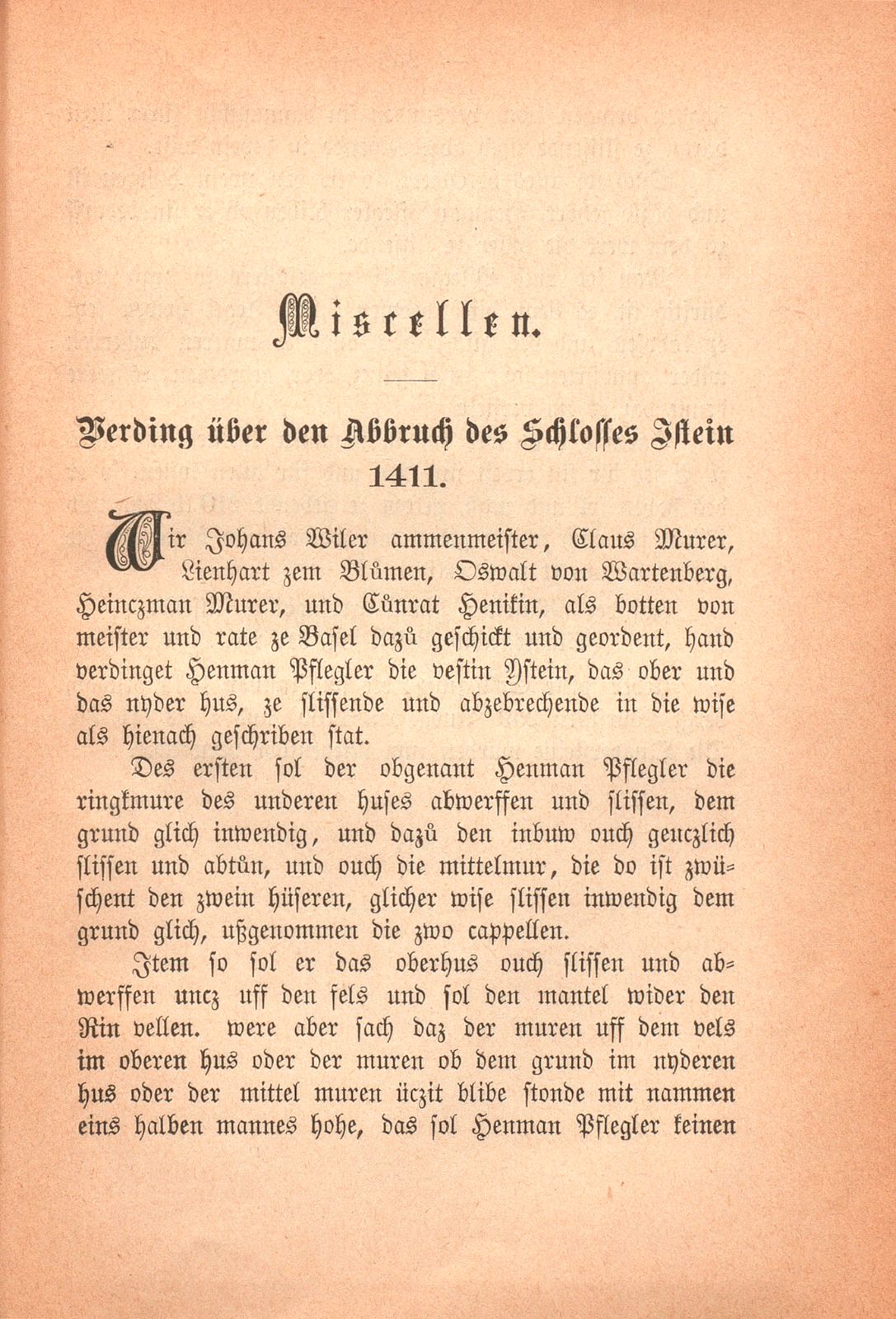 Miscellen: Verding über den Abbruch des Schlosses Istein 1441 – Seite 1