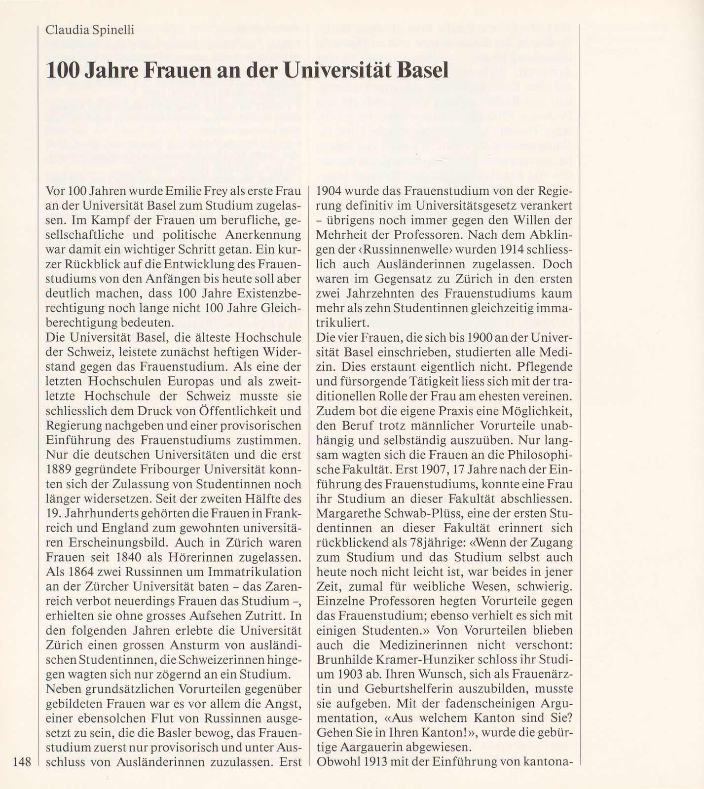 100 Jahre Frauen an der Universität Basel – Seite 1