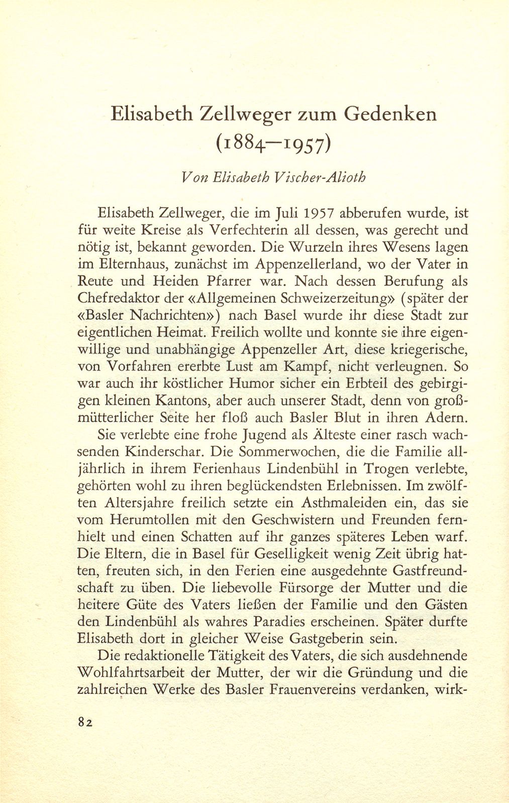 Elisabeth Zellweger zum Gedenken (1884-1957) – Seite 1