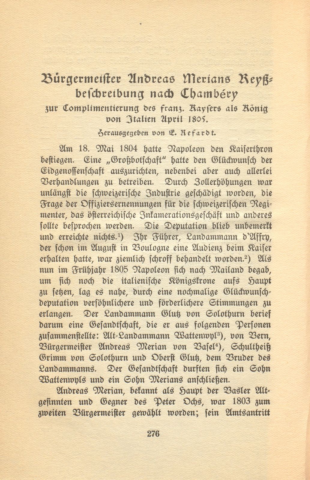 Bürgermeister Andreas Merians Reyssbeschreibung nach Chambéry zur Complimentierung des französischen Kaisers als König von Italien April 1805 – Seite 1