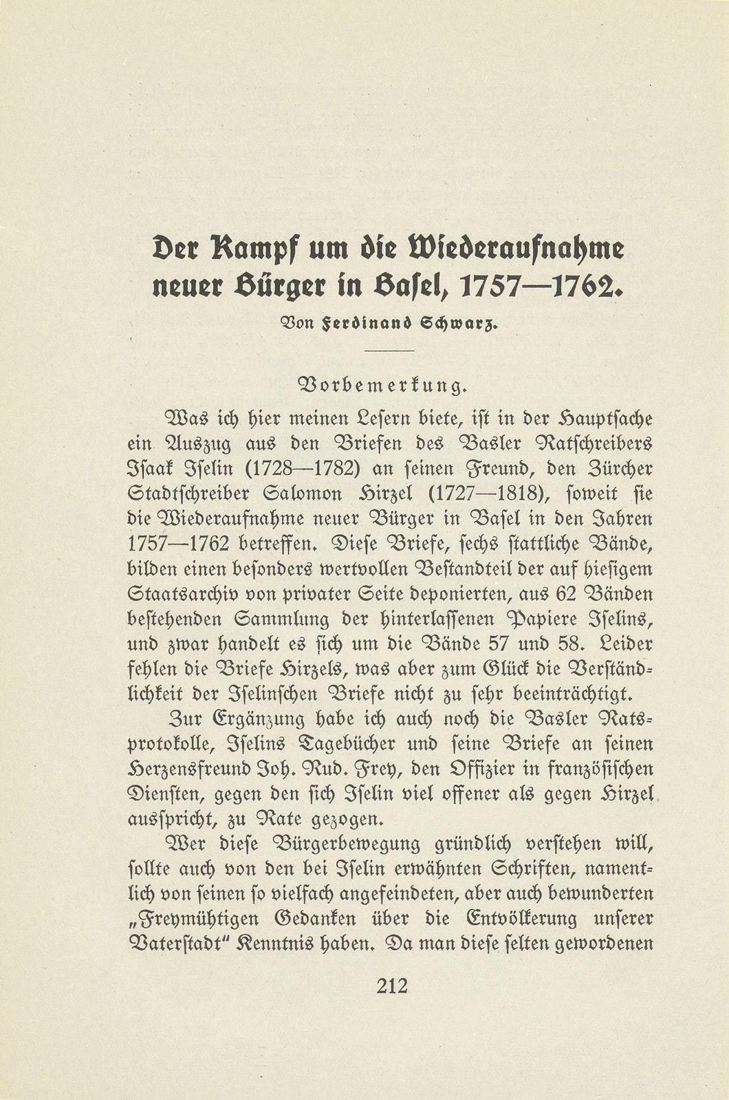 Der Kampf um die Wiederaufnahme neuer Bürger in Basel, 1757-1762 – Seite 1