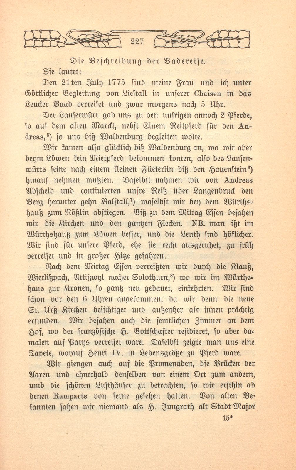 Beschreibung einer Badereise, die der Schultheiss von Liestal, Joh. David Hebdenstreit, anno 1775 mit seiner Frau nach Leuk gethan. (War damals 53 Jahre alt.) – Seite 14