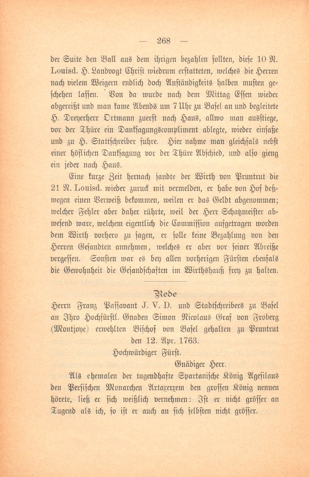 Miscellen: Beschreibung dessen so bey der von dem Stand Basel am 11. April 1763 abgeordneten Deputation an ihro Hochfürstlichen Gnaden Simon Nicolaus Graf von Froberg oder Montjoie erwehltem Bischoff von Basel vorgegangen – Seite 9