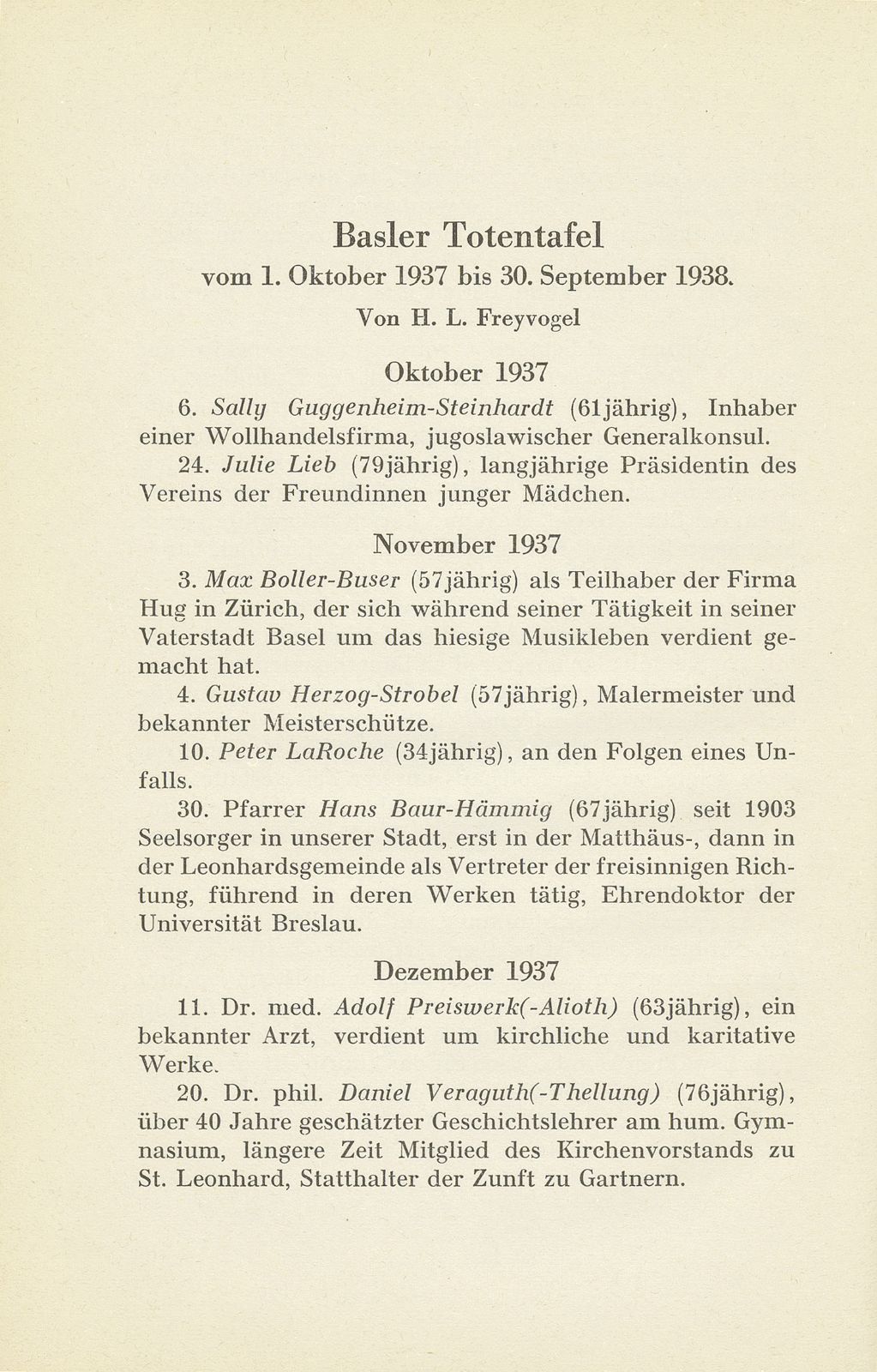 Basler Totentafel vom 1. Oktober 1937 bis 31. September 1938 – Seite 1