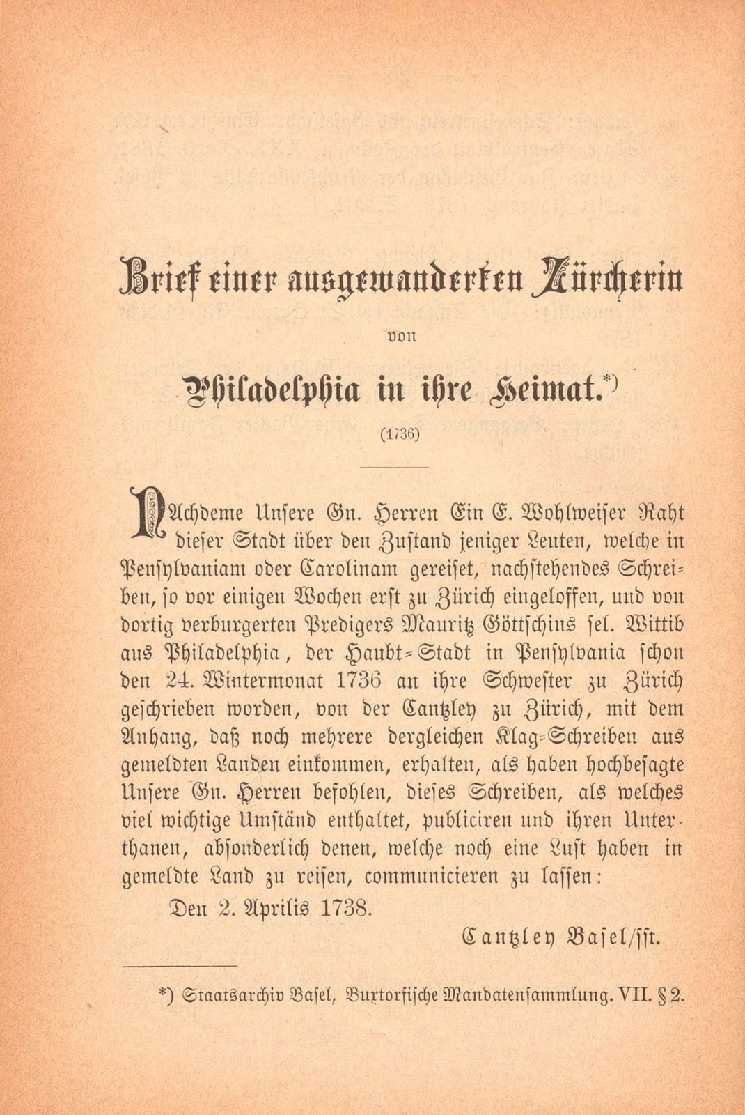 Miscellen: Brief einer ausgewanderten Zürcherin von Philadelphia in ihre Heimat (1736) – Seite 1