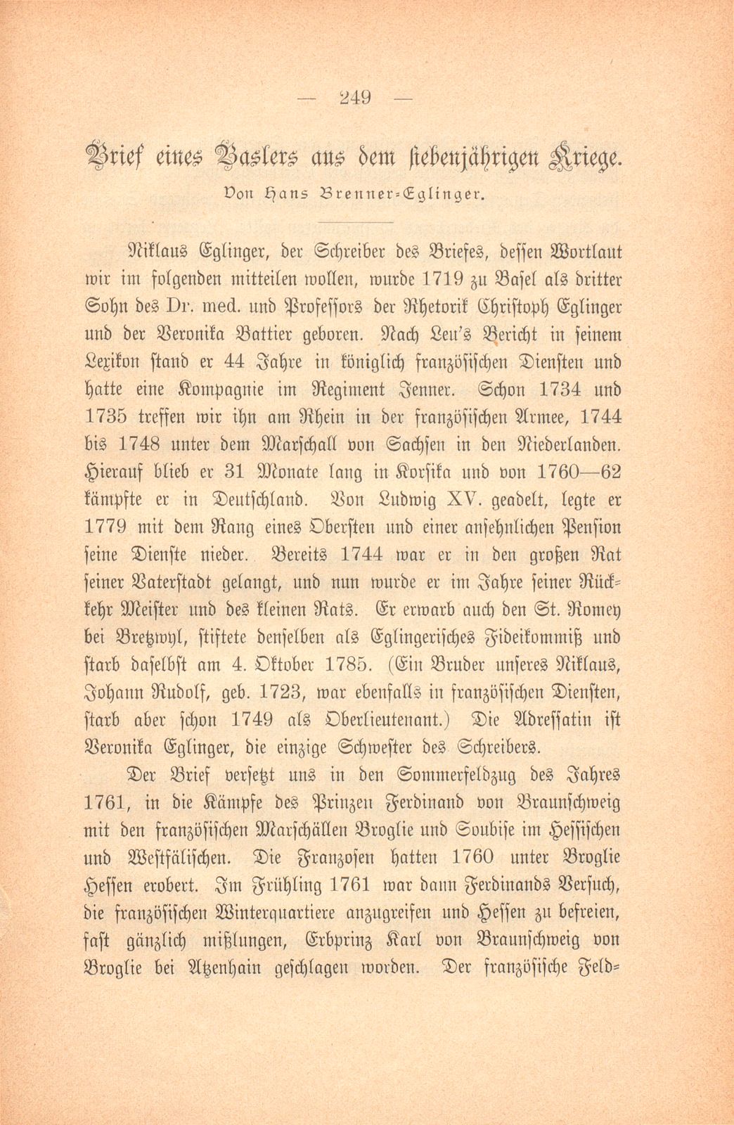Miscellen: Brief eines Baslers aus dem siebenjährigen Kriege [Nikl. Eglinger] – Seite 1