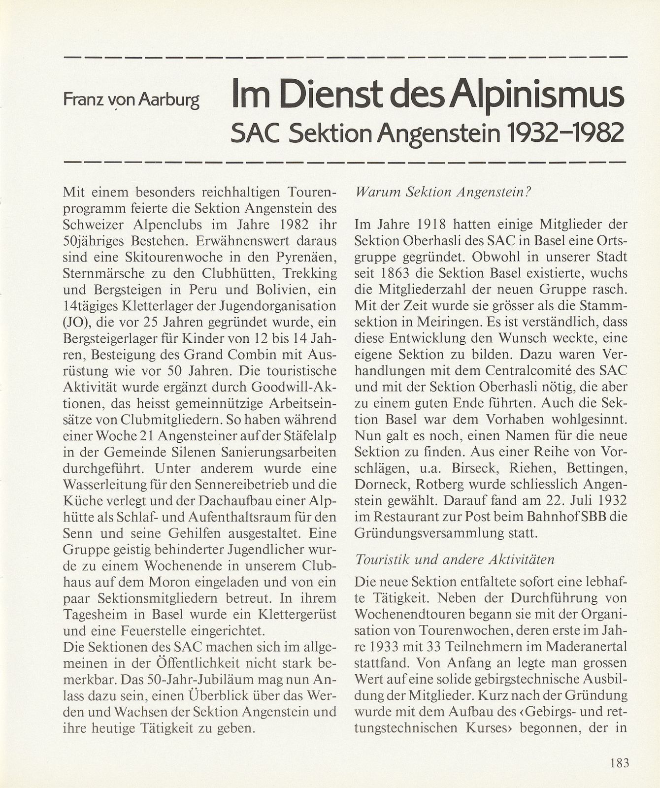 Im Dienst des Alpinismus (SAC Sektion Angenstein 1932-1982) – Seite 1