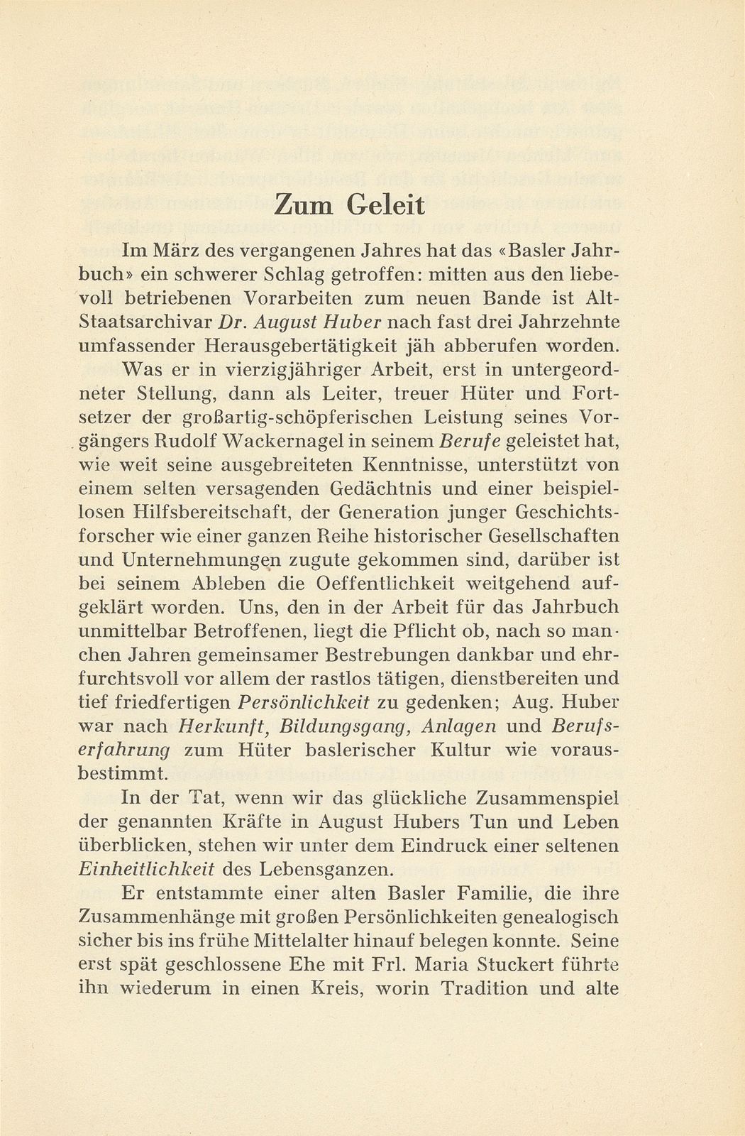 Zum Geleit [zum Tode von August Huber] – Seite 1