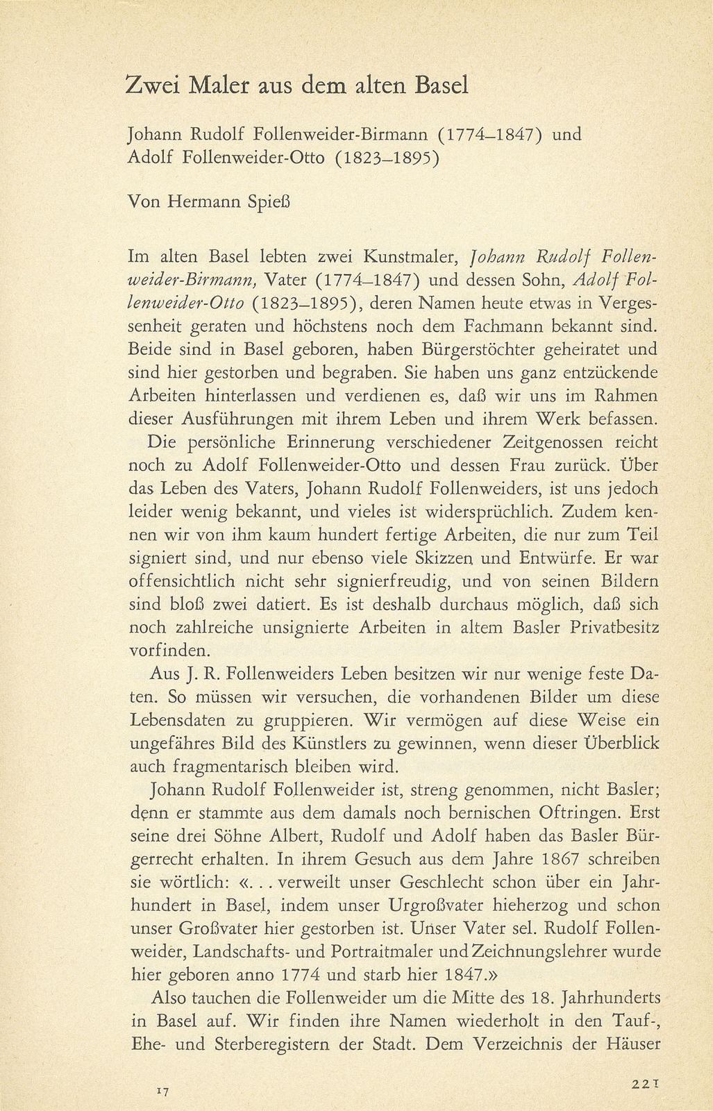 Zwei Maler aus dem alten Basel: Johann Rudolf Follenweider-Birmann (1774-1847) und Adolf Follenweider-Otto (1823-1894) – Seite 1