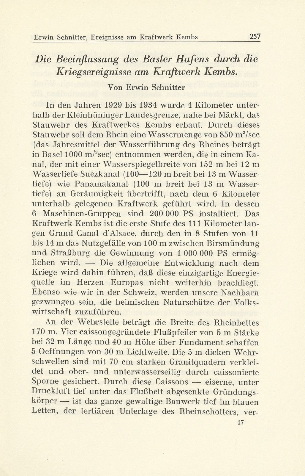 Zur Zeitgeschichte. Die Beeinflussung des Basler Hafens durch die Kriegsereignisse am Kraftwerk Kembs – Seite 1