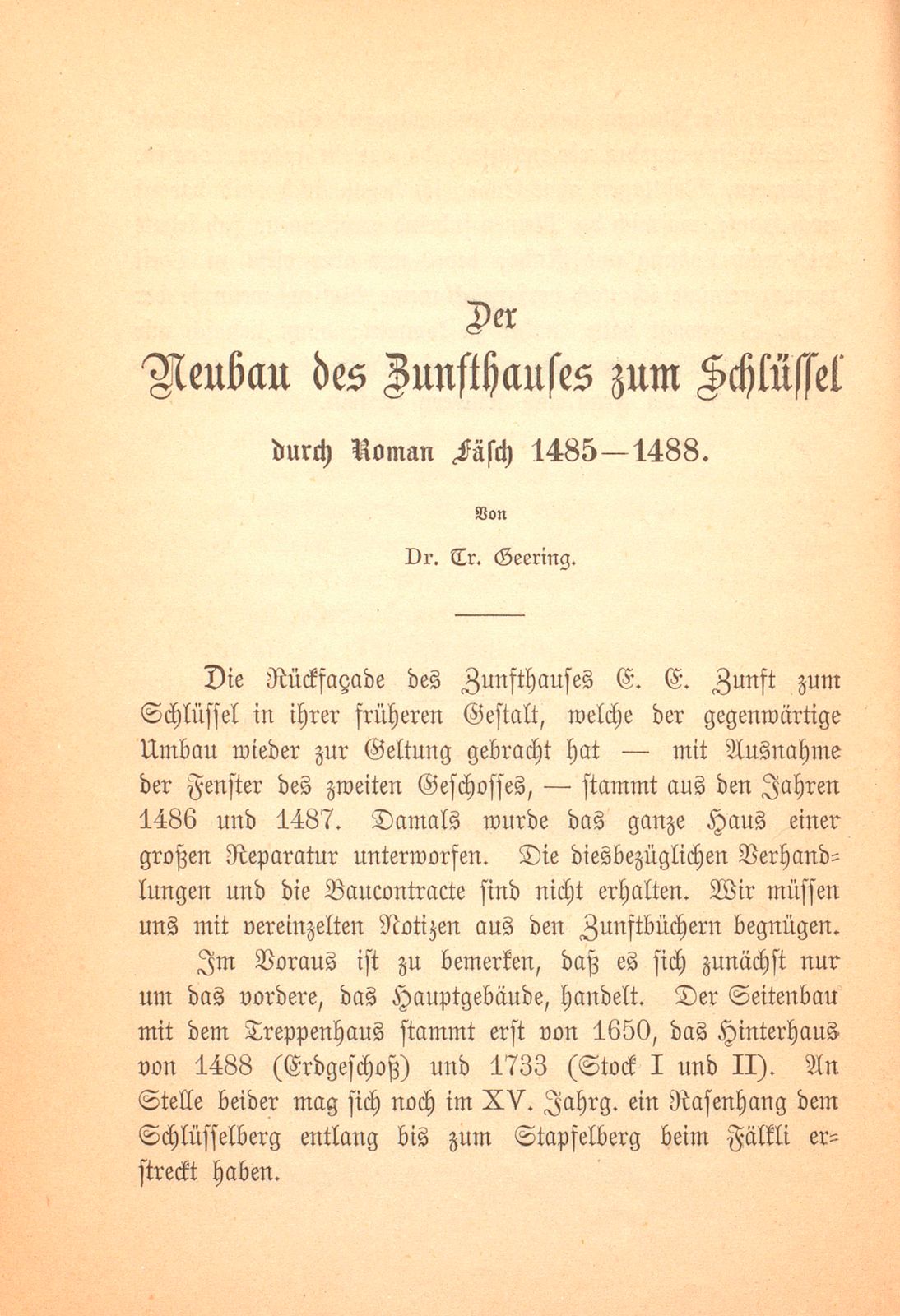 Der Neubau des Zunfthauses zum Schlüssel durch Roman Fäsch 1485-1488 – Seite 1