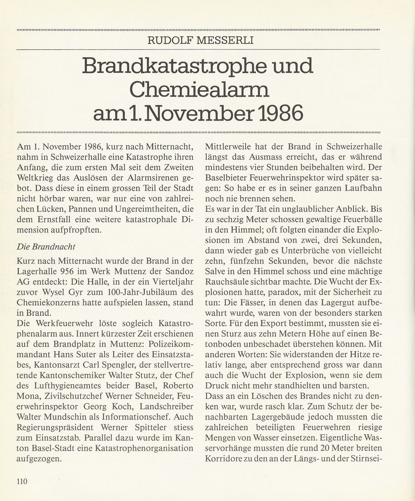 Brandkatastrophe und Chemiealarm am 1. November 1986 – Seite 1