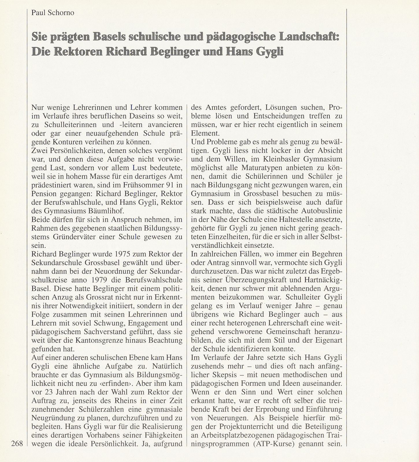 Sie prägten Basels schulische und pädagogische Landschaft: Die Rektoren Richard Beglinger und Hans Gygli – Seite 1