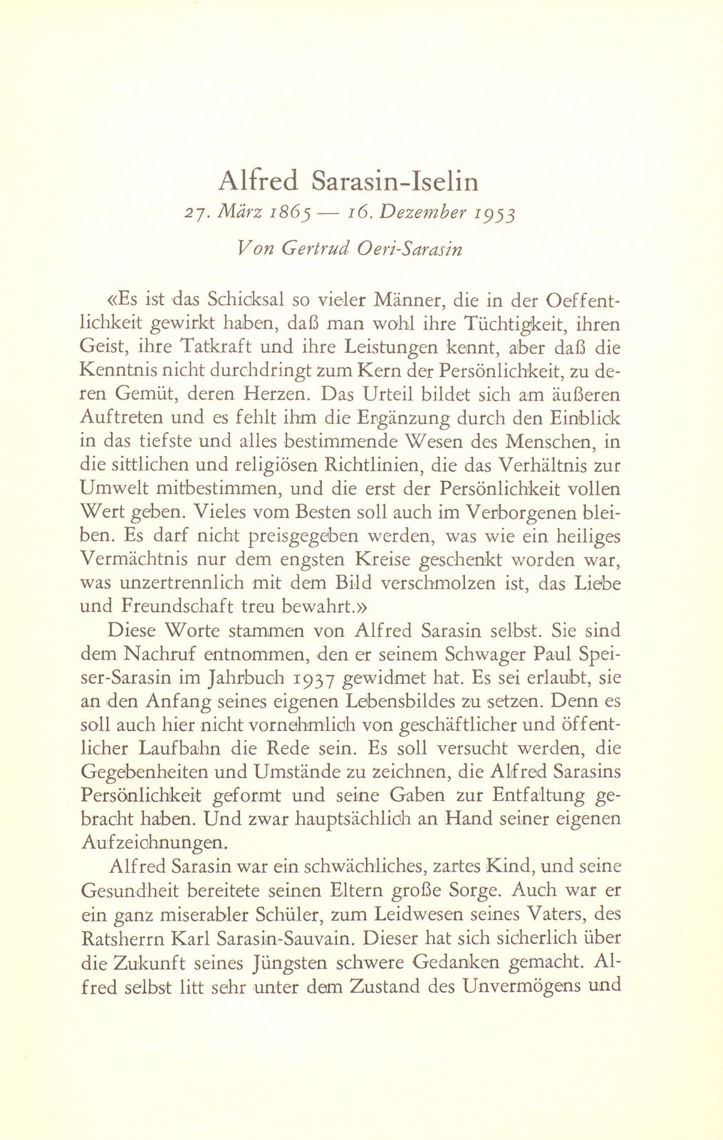 Alfred Sarasin-Iselin 27. März 1865 – 16. Dezember 1953 – Seite 1