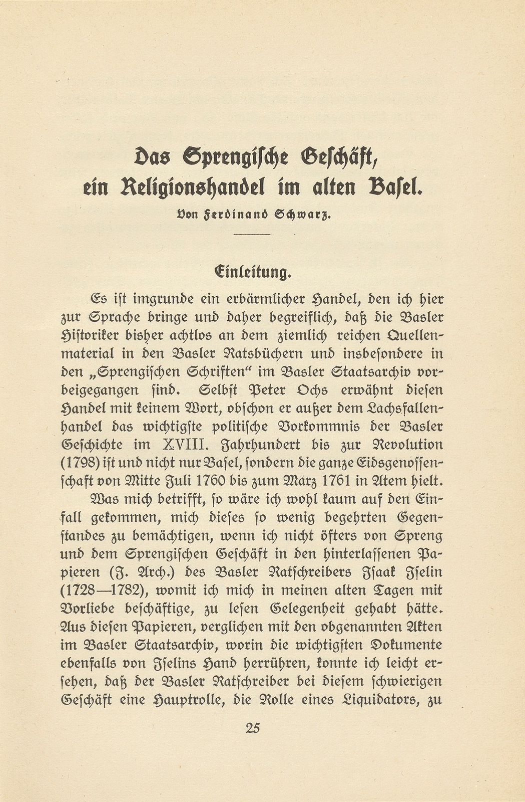 Das Sprengische Geschäft, ein Religionshandel im alten Basel – Seite 1