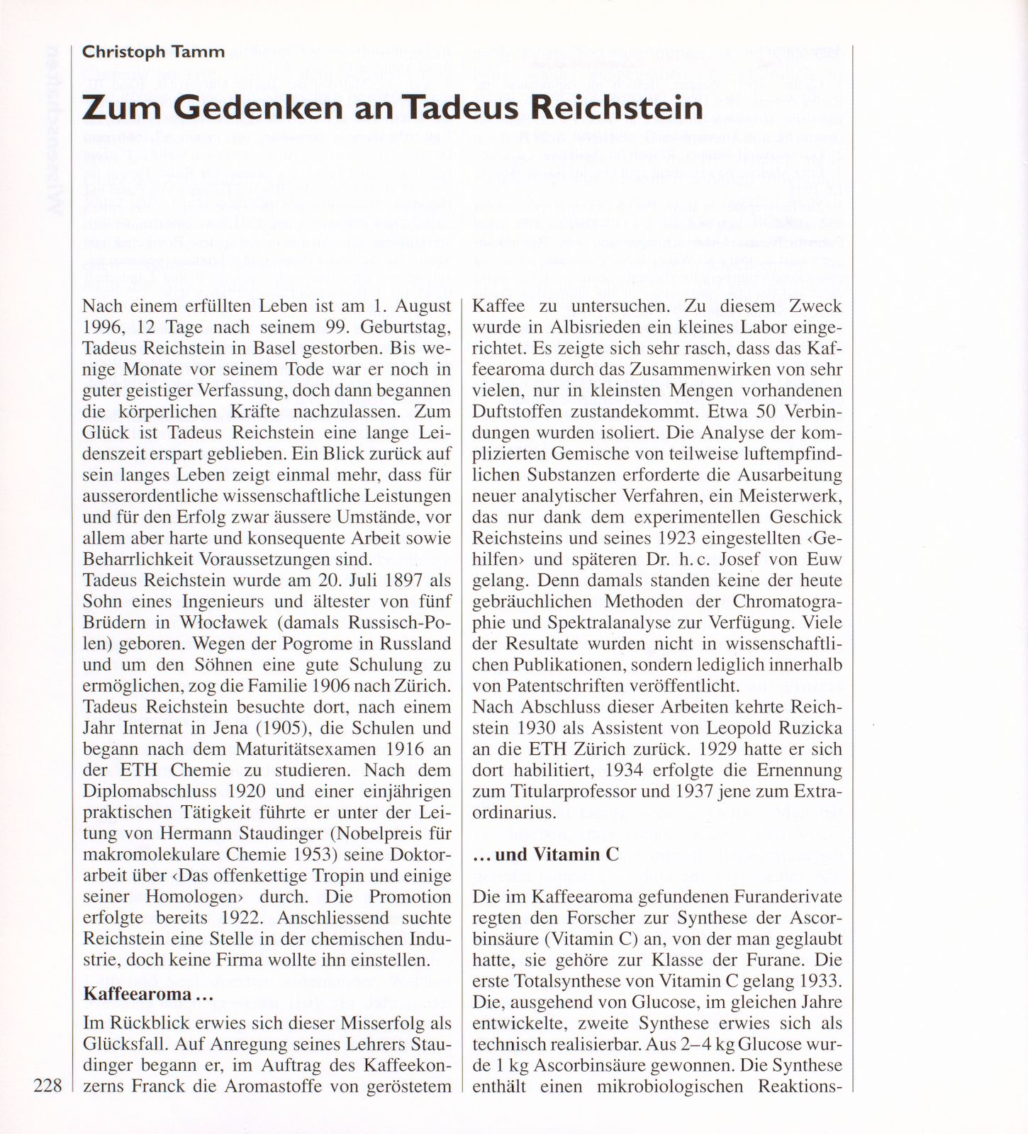 Zum Gedenken an Tadeus Reichstein – Seite 1