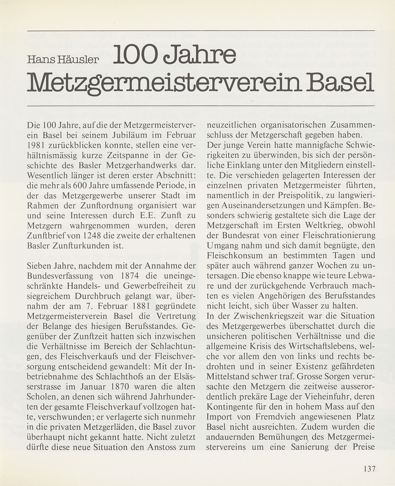 100 Jahre Metzgermeisterverein Basel – Seite 1