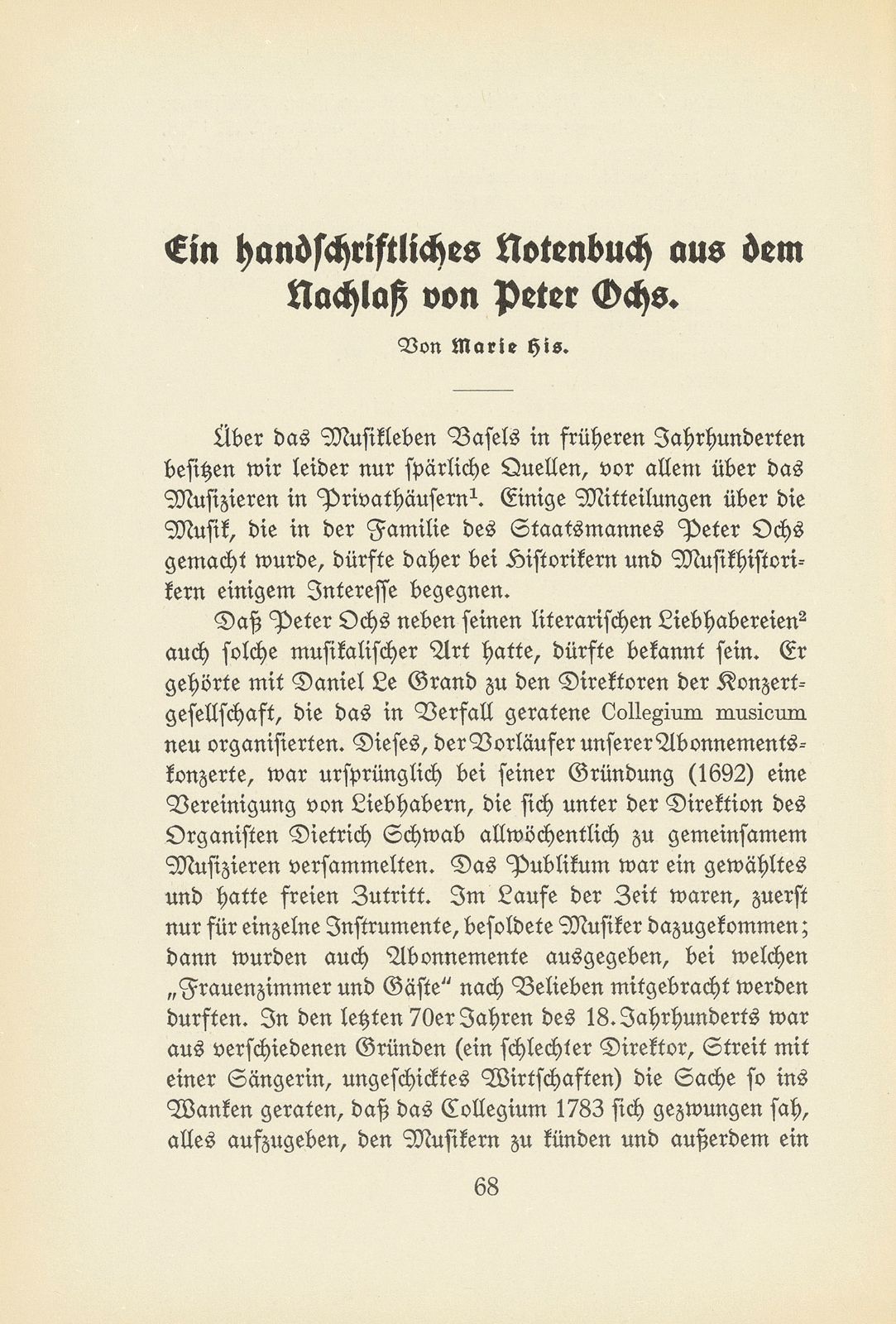 Ein handschriftliches Notenbuch aus dem Nachlass von Peter Ochs – Seite 1