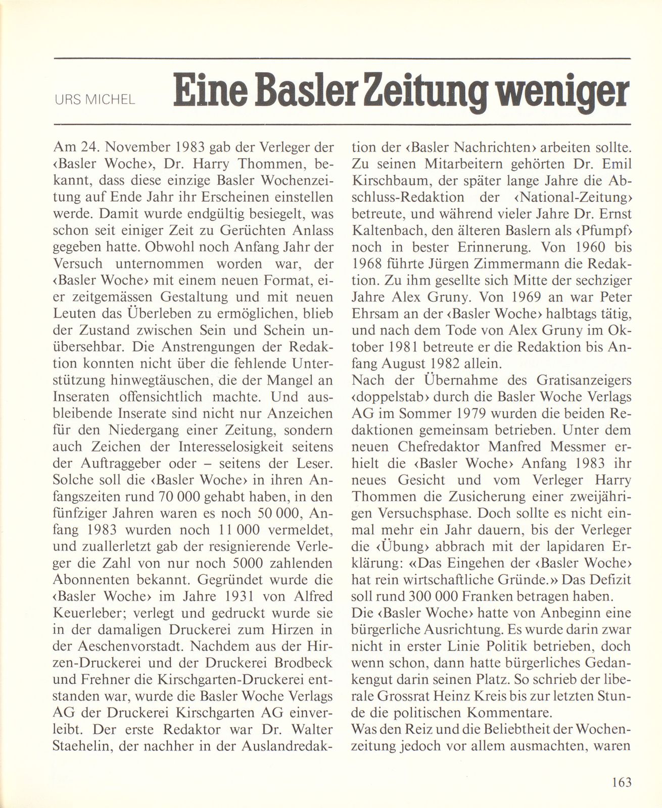 Eine Basler Zeitung weniger – Seite 1