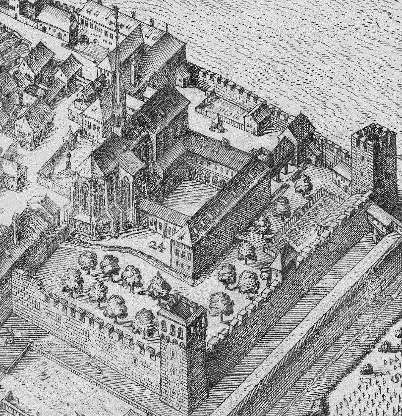 Das Kloster Klingental im Vogelschauplan der Stadt Basel von Nordosten von Matthäus Merian d. Ä., 1615/1617 (Staatsarchiv Basel-Stadt, Bild 1, 291, Detail)